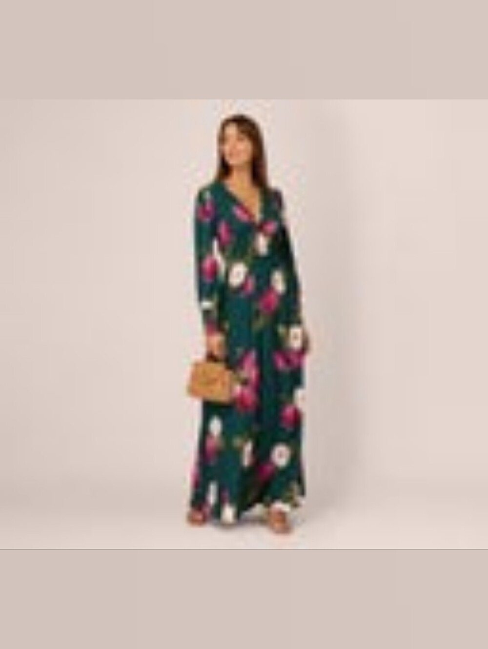 Adrianna Papell Long Sleeve Green Floral V-Neck Maxi Dress - Picture 2 of 7